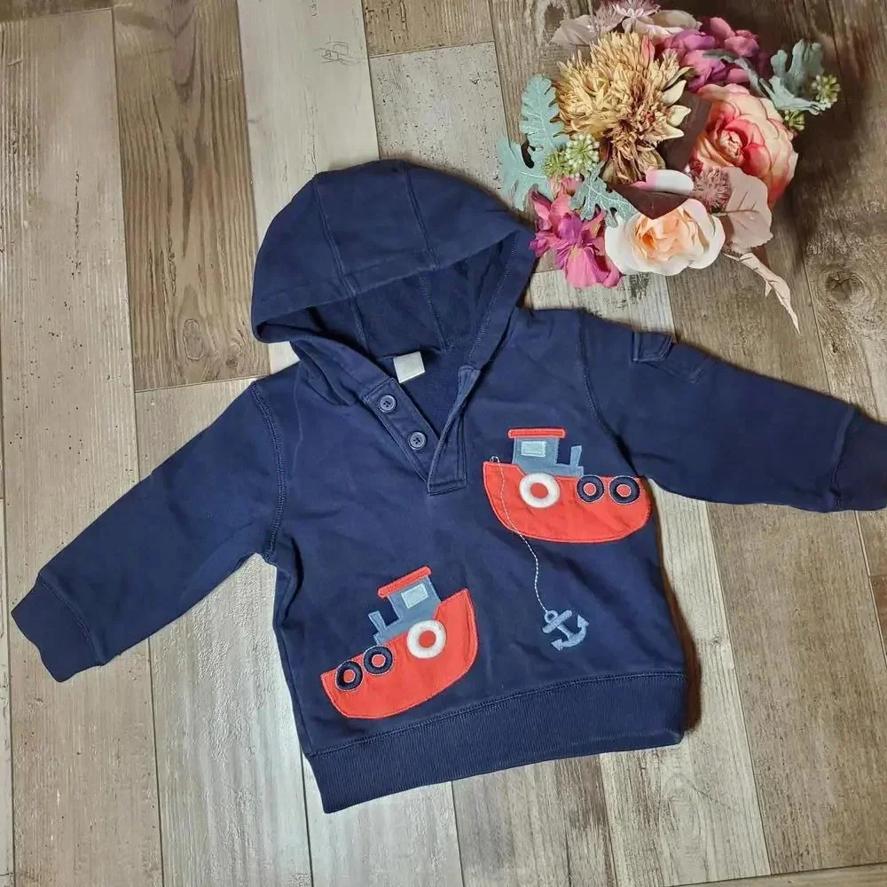 Gymboree Boys Casual Pullover Hooded Sweater with Boats Size 2T-3T EUC Blue
